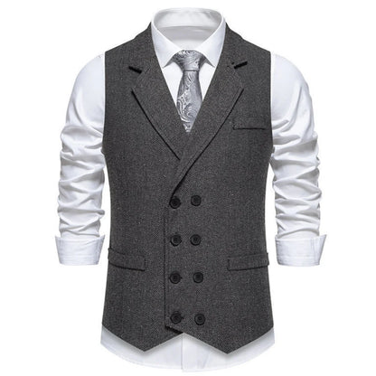Men Vest Gray Herringbone Double Button With Lapel Waistcoat For Wedding Groom Business Banquet Office Work Men Suit Vest