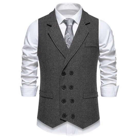 Men Vest Gray Herringbone Double Button With Lapel Waistcoat For Wedding Groom Business Banquet Office Work Men Suit Vest