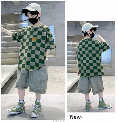 Boys 2 Piece Summer Set Child Clothes Outfits Pliad T-shirt Shorts Cotton Suit Teenager Kids Luxury Clothing Set Tracksuit 5-14Y