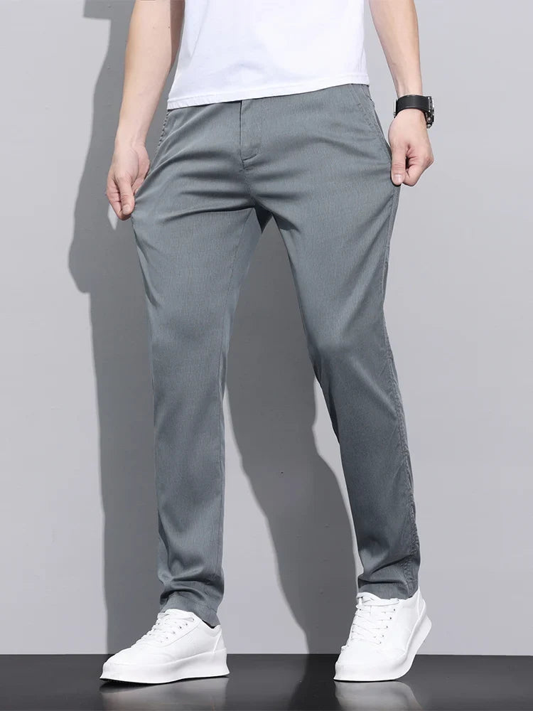Fiber Fabric Summer Men's Casual Pants Fashion Thin Soft Breathable Elastic Business Slim Straight Trousers Black Gray