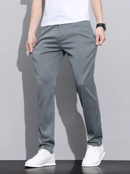 Fiber Fabric Summer Men's Casual Pants Fashion Thin Soft Breathable Elastic Business Slim Straight Trousers Black Gray