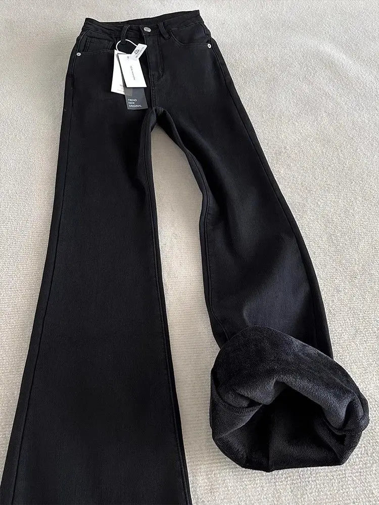 Y2K Loose Jeans Women Casual Trousers Baggy Denim Pants for Ladies Soft Stretch Waist Winter Thermal Fleece Lined Comfort Fit