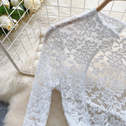 Women's Autumn Mesh Lace Hollow Out White Short Dress Women Micro Flare Sleeve See Through Translucent Sexy Girl's Mini Dress