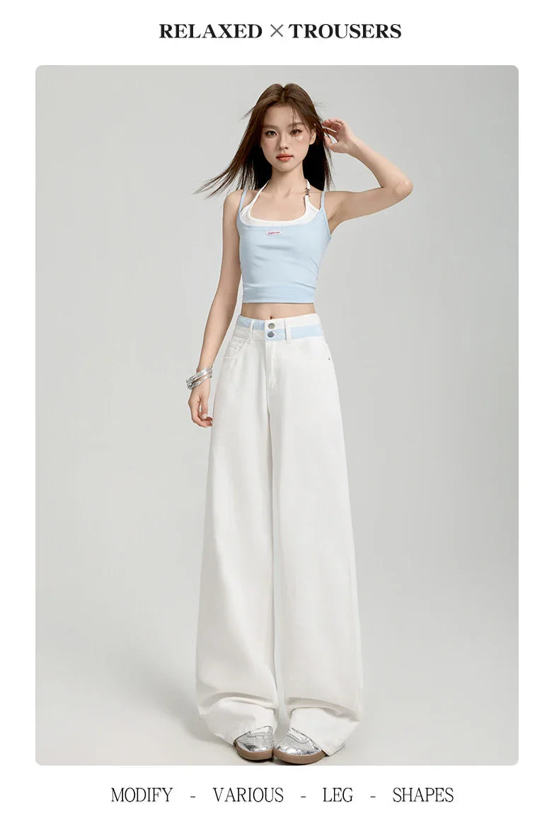 Loose Casual Wide Leg Denim Pants Summer New Thin 100% Cotton Women's High Waist Y2K Contrast Stitching All Match Baggy Jeans