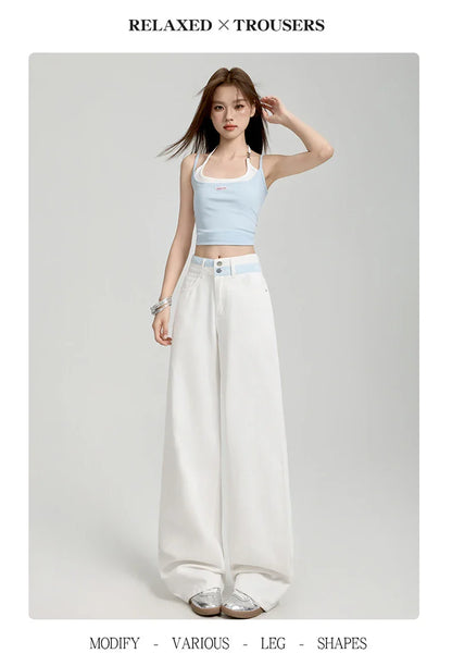 Loose Casual Wide Leg Denim Pants Summer New Thin 100% Cotton Women's High Waist Y2K Contrast Stitching All Match Baggy Jeans