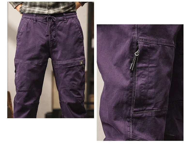 Cotton Men's Cargo Pants Elastic Waist Stretch Trouser Male Multi Pocket Casual Jogger Fit Ankle Length Zipper Purple Drawstring