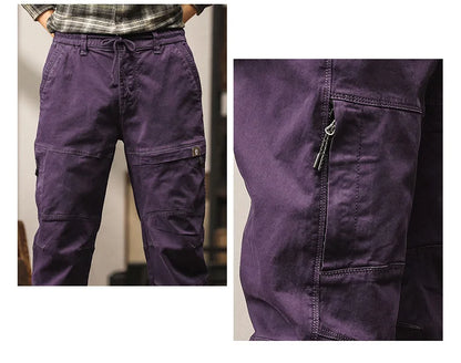 Cotton Men's Cargo Pants Elastic Waist Stretch Trouser Male Multi Pocket Casual Jogger Fit Ankle Length Zipper Purple Drawstring