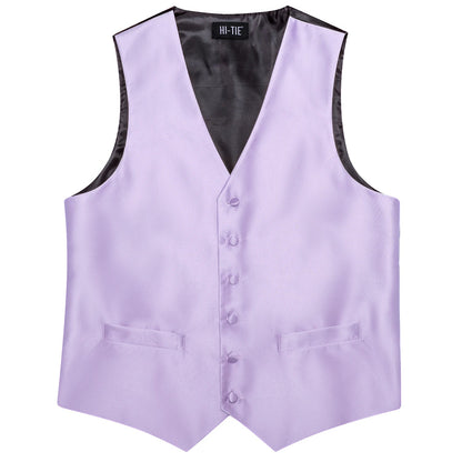 Hi-Tie Solid Voilet Lilac Silk Mens Suit Vest 4PC Woven Waistcoat Tie Pocket Square Cufflink Business Wedding Dress Waist Jacket