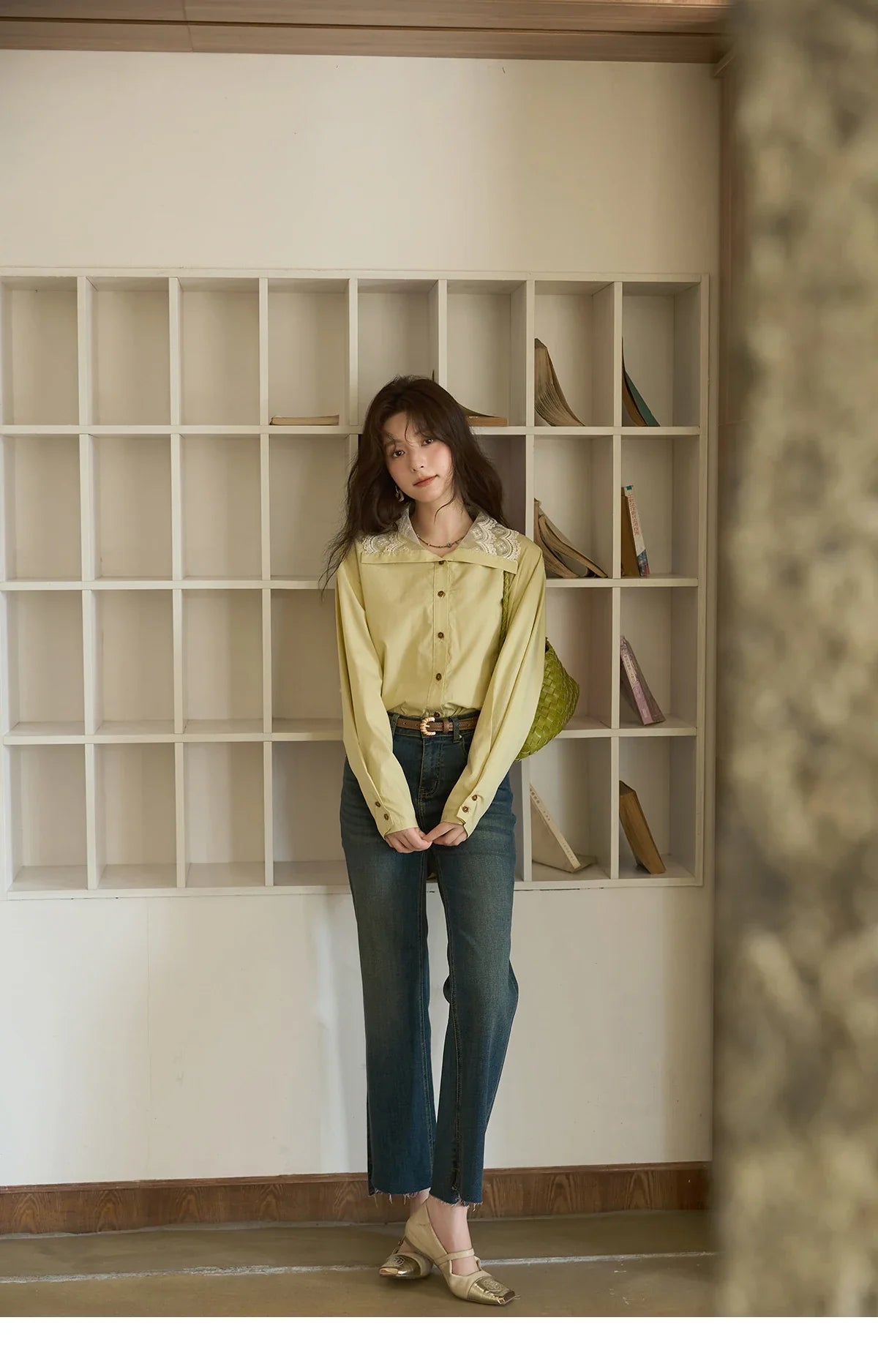 Autumn Solid Cotton Shirt Autumn V-neck Double-layer Lace Retro Design Shirts Single Breasted Tops Office Lady MXE41C2366