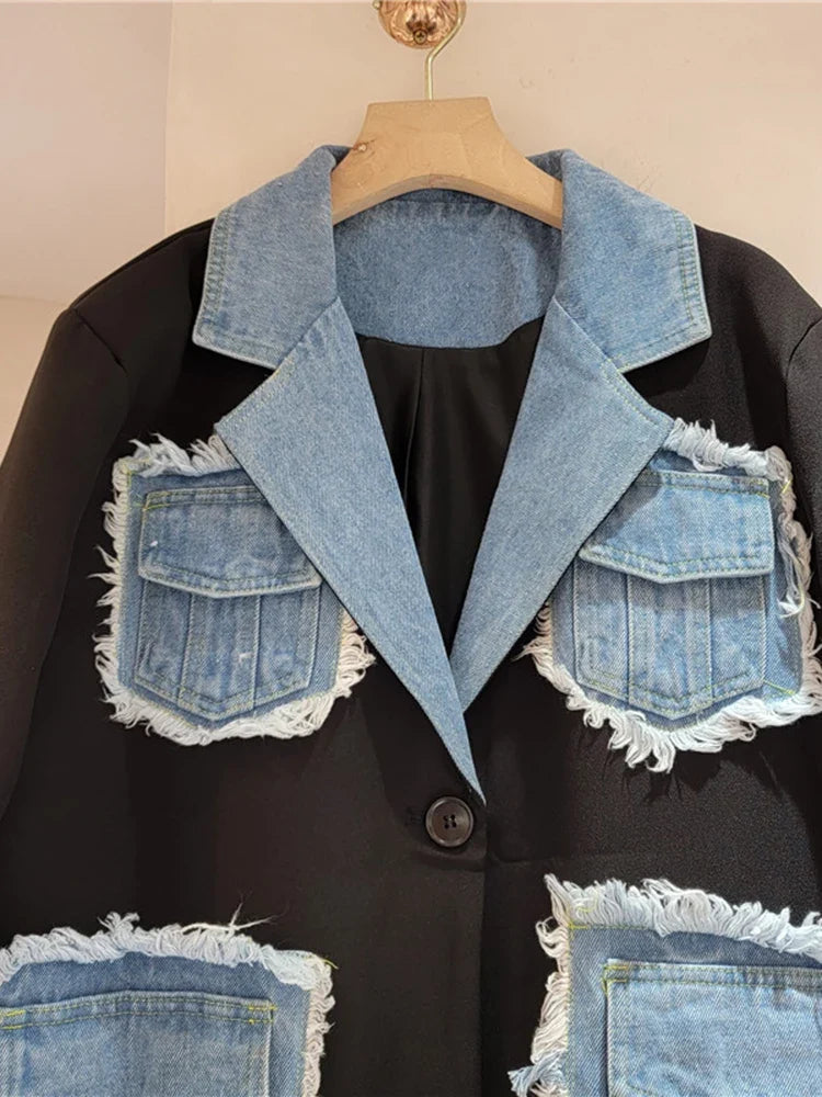Women Black Denim Pocket Burr Big Size Casual Blazer New Lapel Long Sleeve Jacket Fashion Tide Spring Autumn 2026 1DJ8813