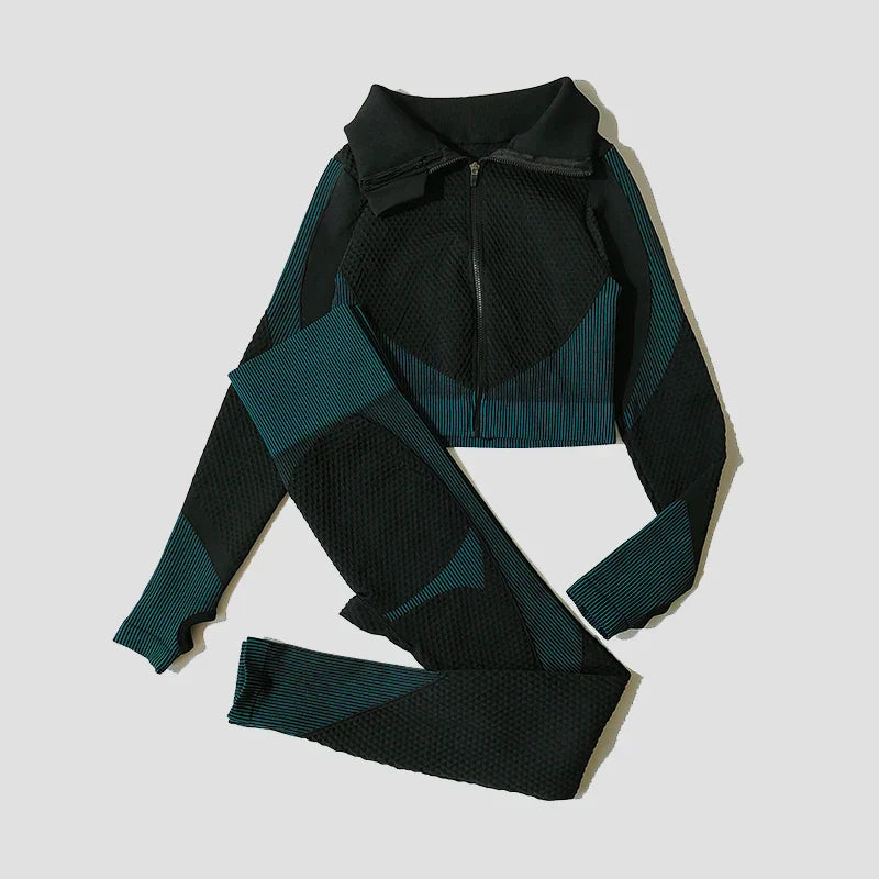 2/3Pcs Women Yoga Suit Seamless Knitted Yoga Pants Leggings Clothing Zipper Long Sleeve Crop Top Fitness Wear Sportswear Gym Set