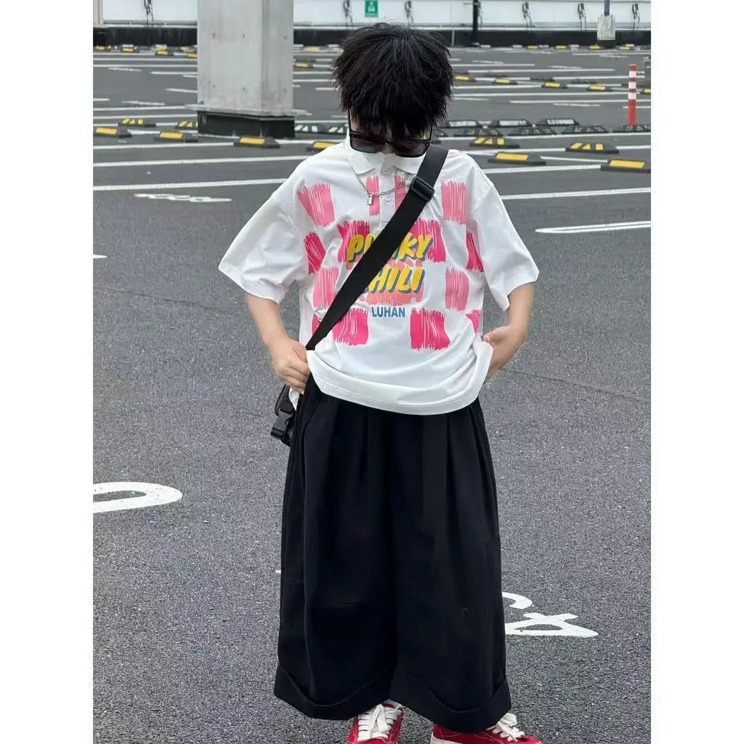 Summer Boys Cotton Stylish Graffiti Alphabet Shirt Top+Plain Wide-Leg Pant Set School Kids 2PCS Tracksuit Children Outfit 7-16Yr