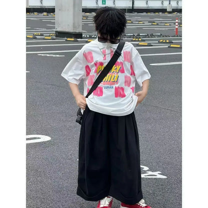 Summer Boys Cotton Stylish Graffiti Alphabet Shirt Top+Plain Wide-Leg Pant Set School Kids 2PCS Tracksuit Children Outfit 7-16Yr