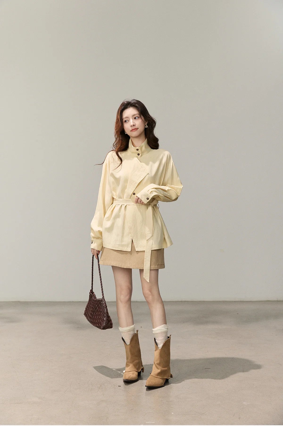 Women's Stand Collar Long Sleeve Shirts Spring Belted Waist Asymmetric Button Tops Casual Loose Solid Shirt MXF13C2459