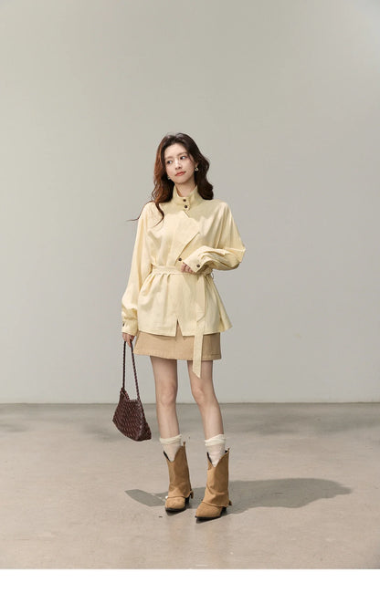 Women's Stand Collar Long Sleeve Shirts Spring Belted Waist Asymmetric Button Tops Casual Loose Solid Shirt MXF13C2459