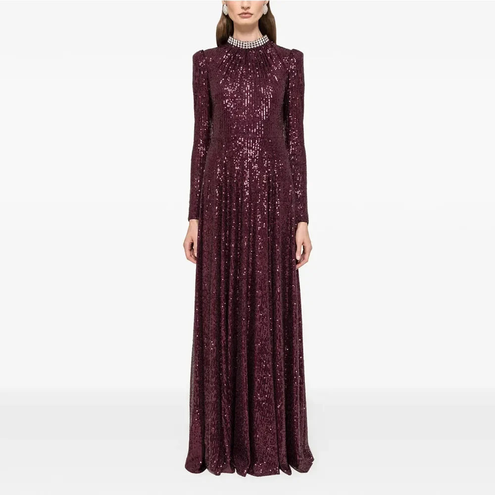 Modern Women's Evening Gown Sheath  Floor Length Formal Party Dress O Neck Beading Saudi Dress Long Sleeves Prom Dress
