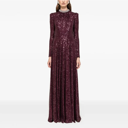 Modern Women's Evening Gown Sheath  Floor Length Formal Party Dress O Neck Beading Saudi Dress Long Sleeves Prom Dress
