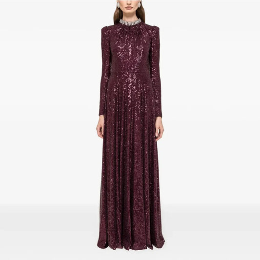 Modern Women's Evening Gown Sheath  Floor Length Formal Party Dress O Neck Beading Saudi Dress Long Sleeves Prom Dress