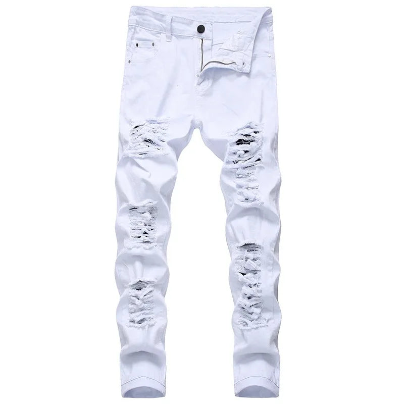Black Men Jeans Narrow Feet High Street Punk Rock Micro Elastic Fabric Man Ripped Jean Cultivate Morality Hardcore Pants