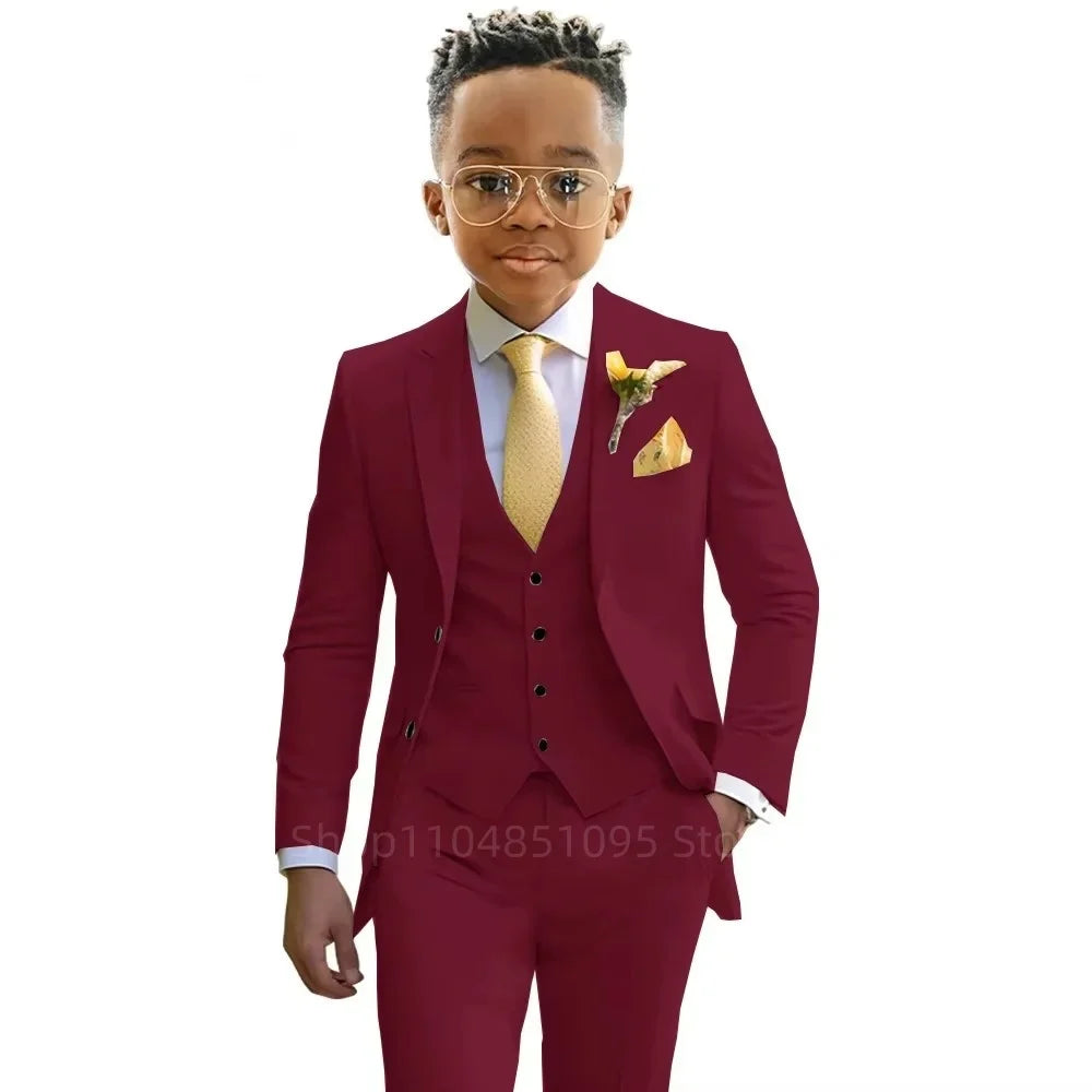 Stylish Boys Suit Wedding Tuxedo Solid Peak Lapel Jacket Vest Pants Party Prom 3 Piece Set Kids Formal Outfit 2-18 Years Old