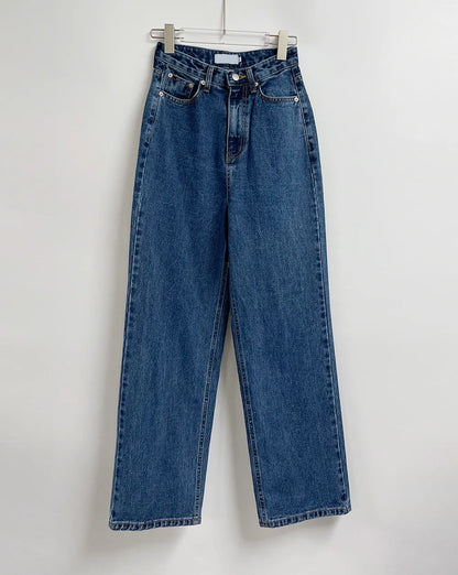 Retro High Waist Straight Leg Blue Jeans Women's Autumn Spring Season Versatile Loose Fit Long Pants Ladies Premium Denim