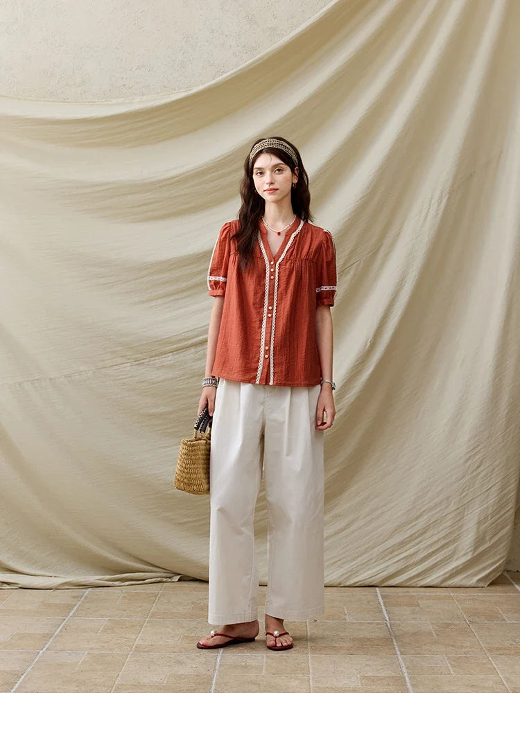 French New Blouses Women Summer New 2025 Short Sleeve V-neck Color Matching Shirts Female Fashion Lazy Style MXE31X1766