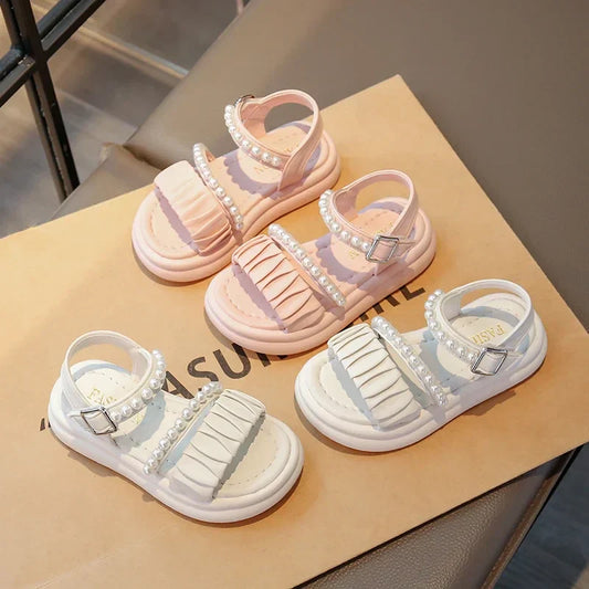 Girls Sandals Pleated Ins Trendy Kids Princess Shoes Beads Sweet Soft Sole 2025 Summer New Children Beach Shoes Open Toes Cute