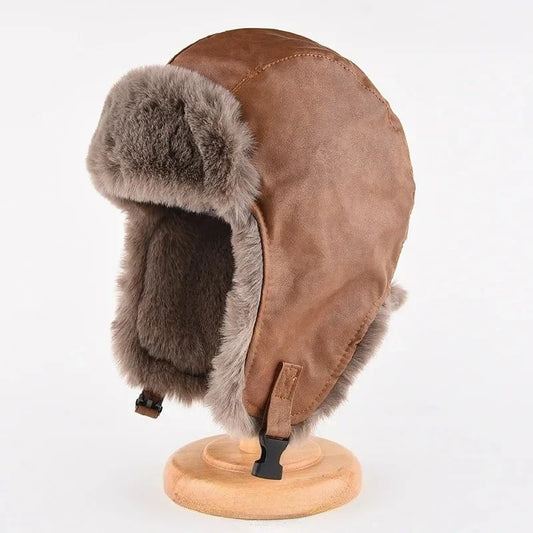 Faux Leather Winter Hats for Men Thickened Plush Fur-lined Bomber Trapper Hats with Ear Flaps Ushanka Russian Hats