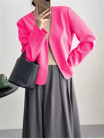 2025 Spring Autumn Fashion New Women's Suit Jackets Solid Short Coats Korean Blazers Long Sleeve Cardigan Coat Without Placket