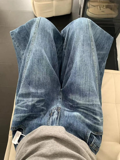 Chic American Street Style Vintage Curved Hem Jeans Women Edgy Design Loose Fit Slimming Wide Leg Floor Length Denim Pants