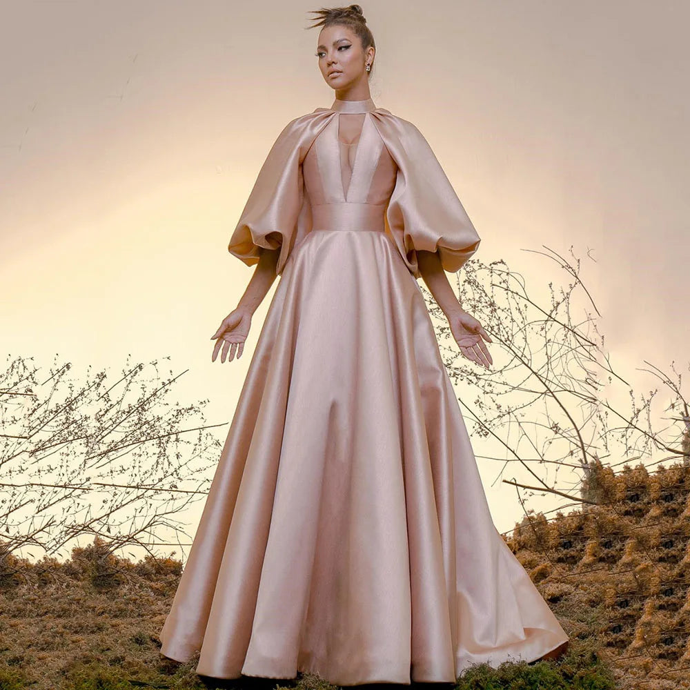 Elegant A Line Evening Dress High Neck Puff Sleeves Prom  Floor Length Formal Party Gowns Vestidos De Fiesta