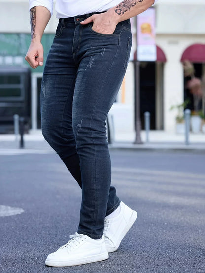 2025 Spring Autumn Men's Fashion Ripped Skinny Jeans Street Style Vintage Wash Solid Denim Casual Slim Fit Pencil Pants 28-36