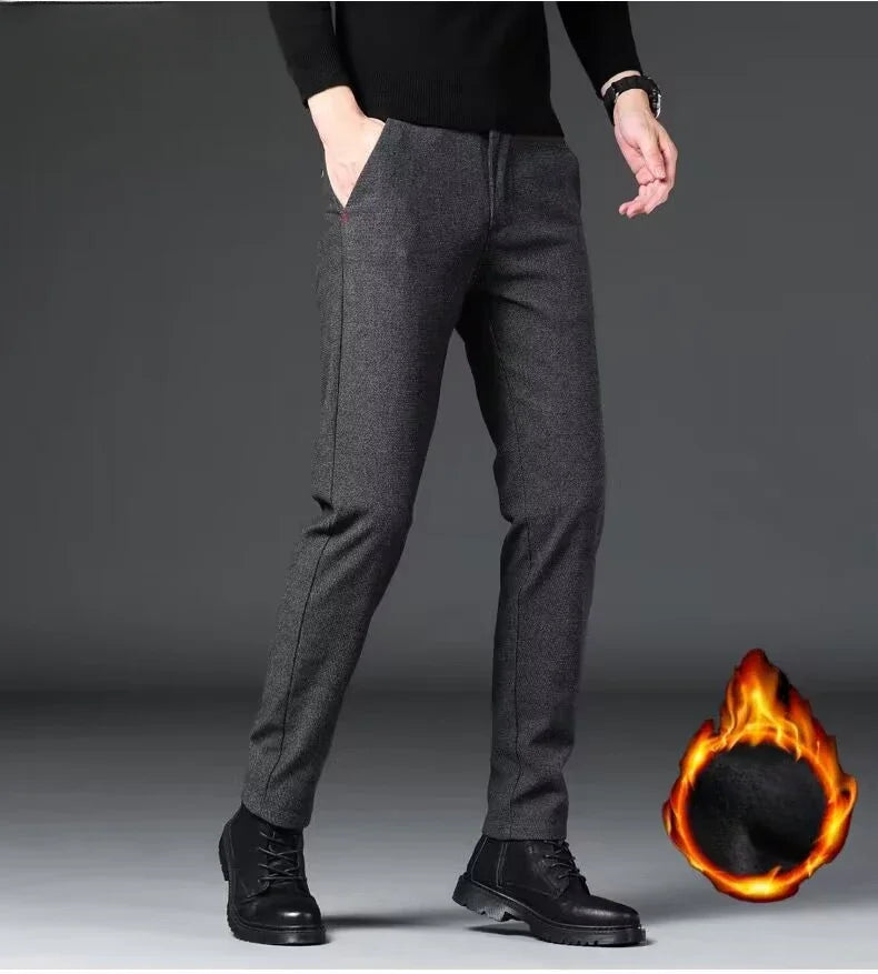 Fashion Men Thermal Fleece Casual Pants Winter Thick Straight Slim Velvet Trousers Brand Clothing Korean Male Pants Size 28-38