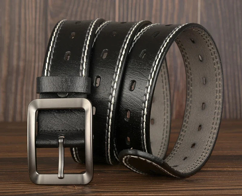 3.8CM Fashion Men Belts Genuine Leather Luxury Designer Vintage Thread Waist Belt For Jeans Cinturon Cowboy Hombre Dropshipping