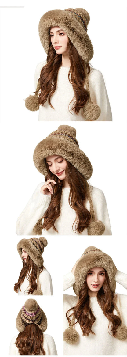 Three Pompoms Skullies Beanies Thick Warm Winter Hat Women Russian Fur Hat Ladies Knitted Hat Female Snow Ski Earflap Cap