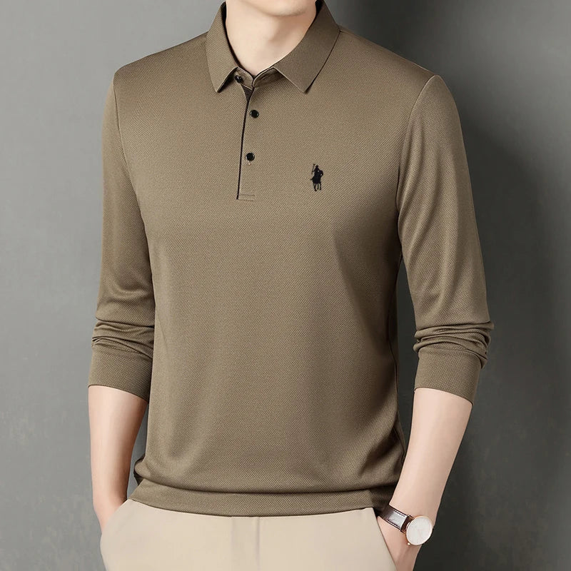 2025 Latest Autumn New Men's Long Sleeve Polo Shirt Middle Aged Business Comfortable Solid Color Men's Collar T-shirt