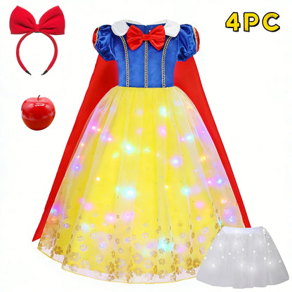 Popular Movie LED Princess Dress, White Snow Dress, With Cape And Headpiece For Halloween Carnival Birthday Party Cosplay