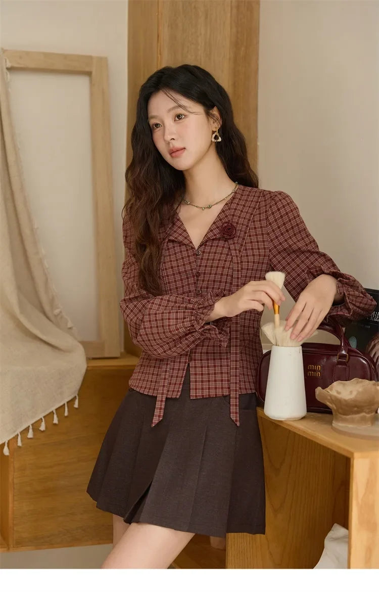 Women's Red Tied Plaid Shirt 2025 Autumn New Arrival Sweet 3D Floral Turn-Down Collar Long-Sleeve Blouse Women MXE45X2481