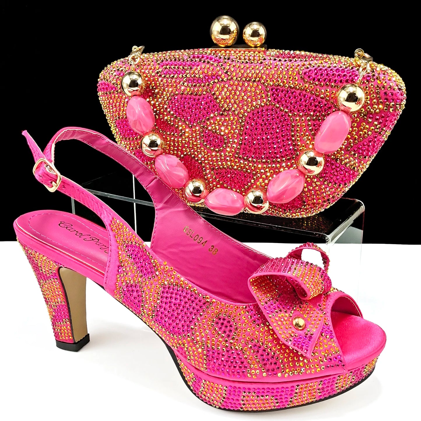 Nigeria Women's Open Toe High Heels Package Set Leopard Colorblocking Hot Rhinestones Fashion Sexy High Heels