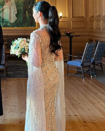 Luxury Beaded Evening Dress Cape Sleeve Dubai Sheer Neck Mermaid Formal Prom Wedding Party Gown Customized 2026