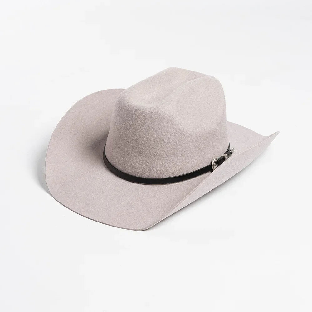 New Autumn Winter Women Fedoras with Belt Buckle Wide Brim Rolled Wool Cowboy Hat M L Size Obtainable