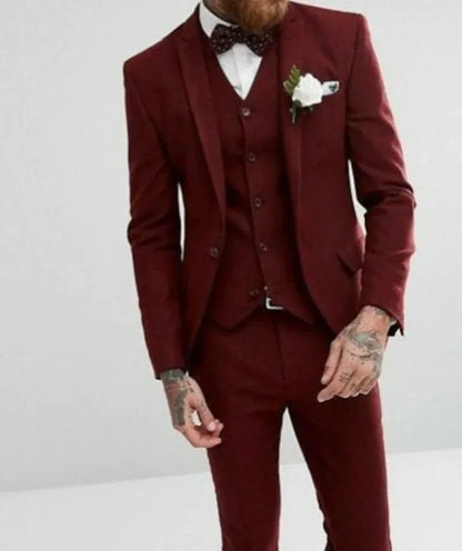 Burgundy Men Suits Slim Fit Burgundy Wedding Tuxedo For Groom Elegant Suit Gift For Him Formal Wear Prom Party Blazer 3 Piece