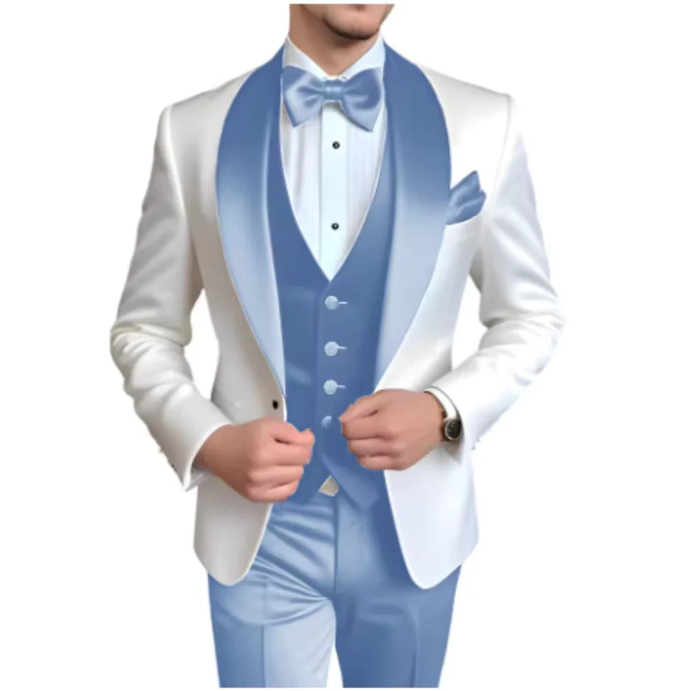 Solid Color Slim Fit Men's Tuxedo 3-Piece Set Fashion Business Wedding Suit with Shawl Lapel Blazer Vest Pants for Groom Party