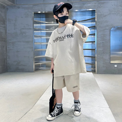 Summer Casual Boys Cotton Alphabet t-Shirt Tops+Drawstring Short Pant Set School Kids Tracksuit Child 2PCS Jogger Outfit 5-16Yrs