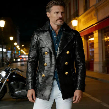 Men's Crocodile Embossed Leather Peacoat Double Breasted Gold Button Jacket Luxury Casual Overcoat