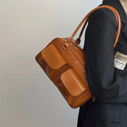 Vintage Women Business Shoulder Bags Simple Ladies Commute Tote Bag Pu Leather Female Underarm Bag Burgundy Large Handbags Purse