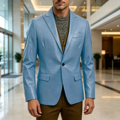 Vintage Men's Crocodile Embossed Leather Blazer Notch Lapel 1 Button Jacket Business Casual Formal Luxury Coat With Flap Pockets