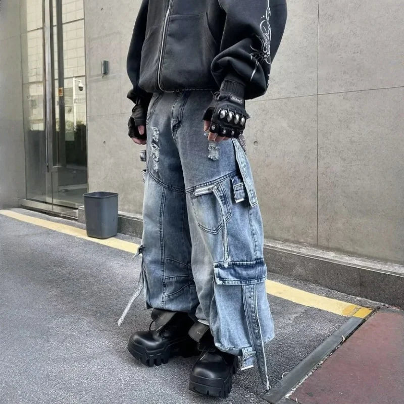 2025 Cyber Y2K Streetwear Washed Blue Baggy Ripped Cargo Jeans Pants For Men Clothing Wide Leg Vintage Loose Punk Denim Trousers