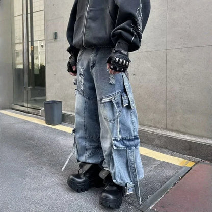 2025 Cyber Y2K Streetwear Washed Blue Baggy Ripped Cargo Jeans Pants For Men Clothing Wide Leg Vintage Loose Punk Denim Trousers