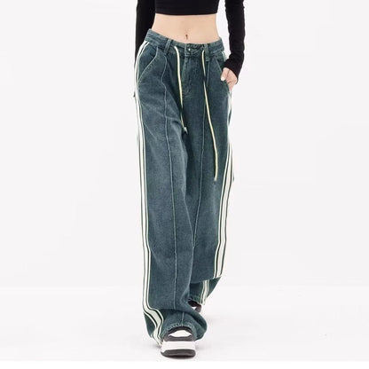 Harajuku Y2k Trendy Denim Pants Women Striped Drawstring High Waist Jeans Korean Style Vintage Loose Wide Leg Trousers